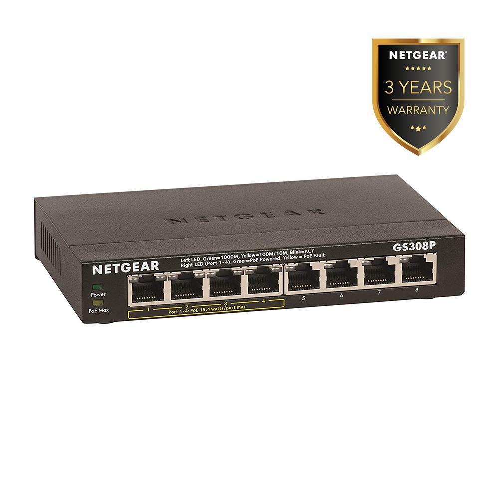 NETGEAR 8-Port Gigabit Ethernet Unmanaged PoE Switch (GS308P) - with 4 x PoE @ 55W, Desktop, Sturdy Metal Fanless Housing